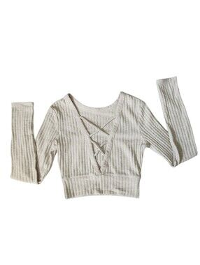Tie-Front Ribbed Long Sleeve Crop Top - Light Heather Beige